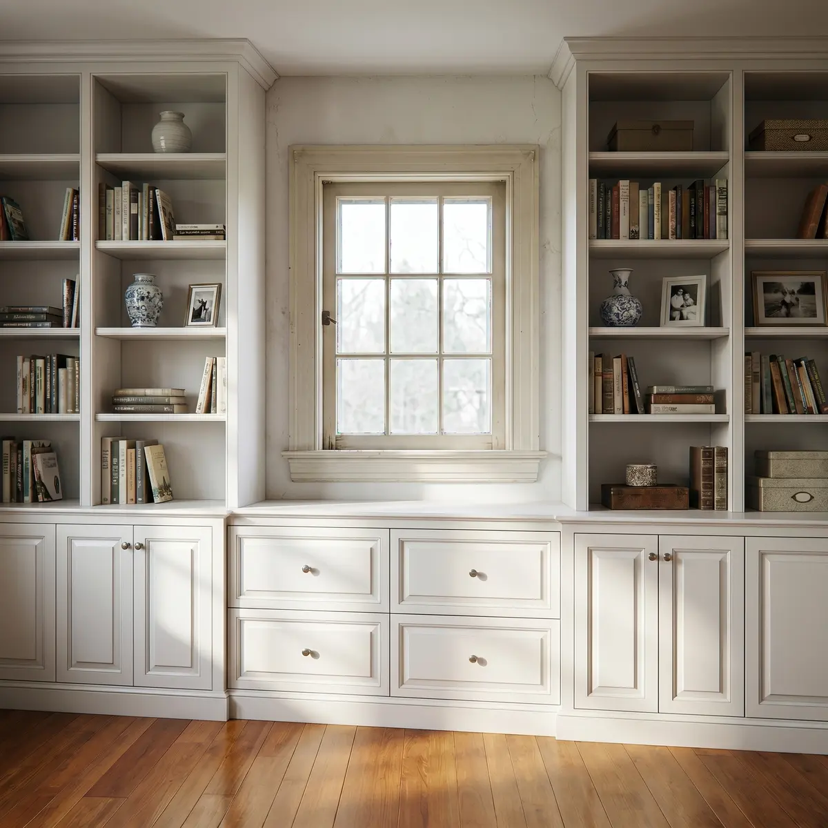 Custom white built-in bookcase floor to ceiling Nashua NH
