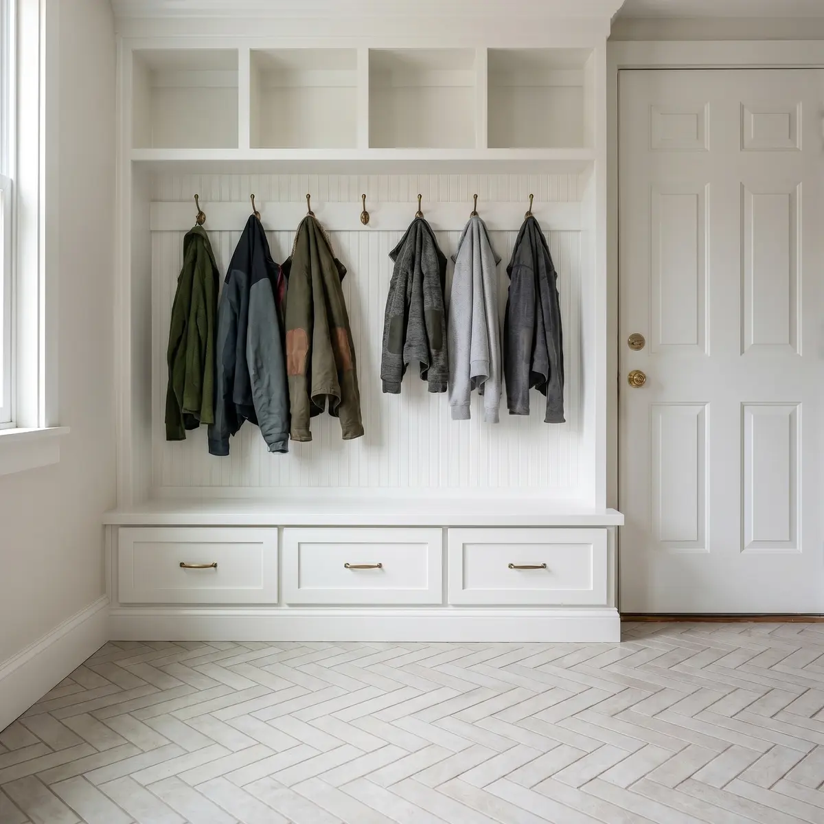 Custom mudroom built-in with cubbies bench brass hooks beadboard Merrimack NH