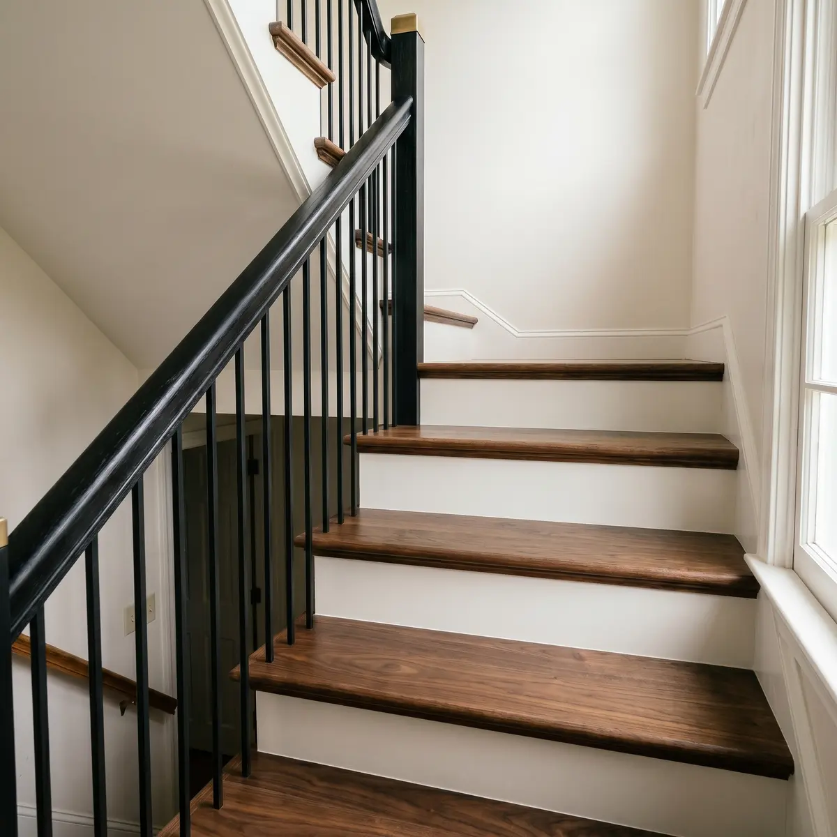 Custom black handrail iron balusters dark walnut treads Bedford NH