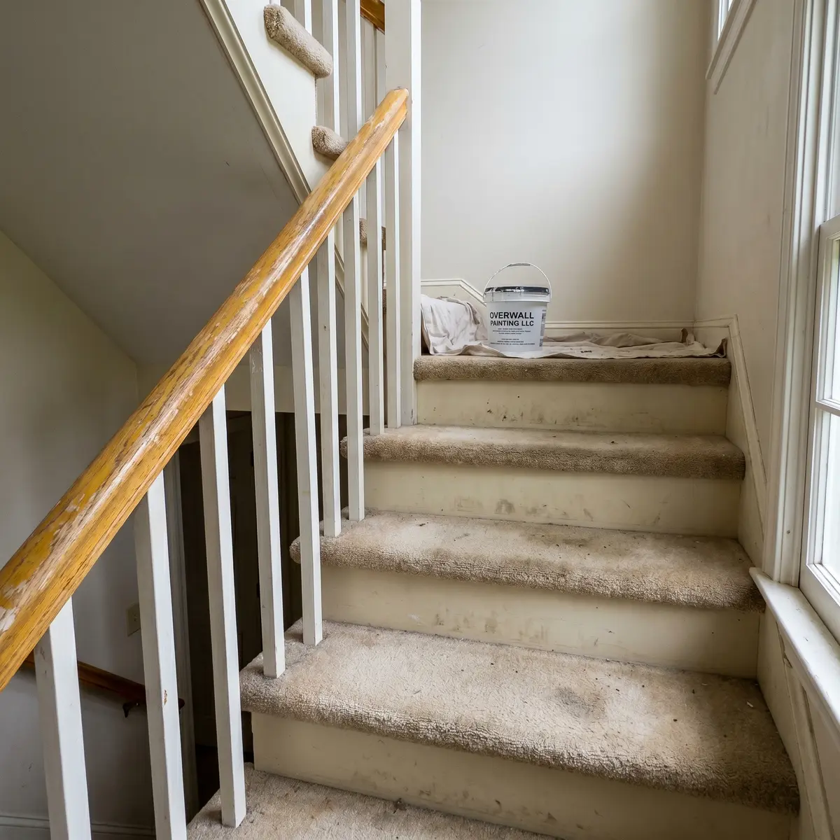 Outdated staircase with chipped handrail before restoration Bedford NH