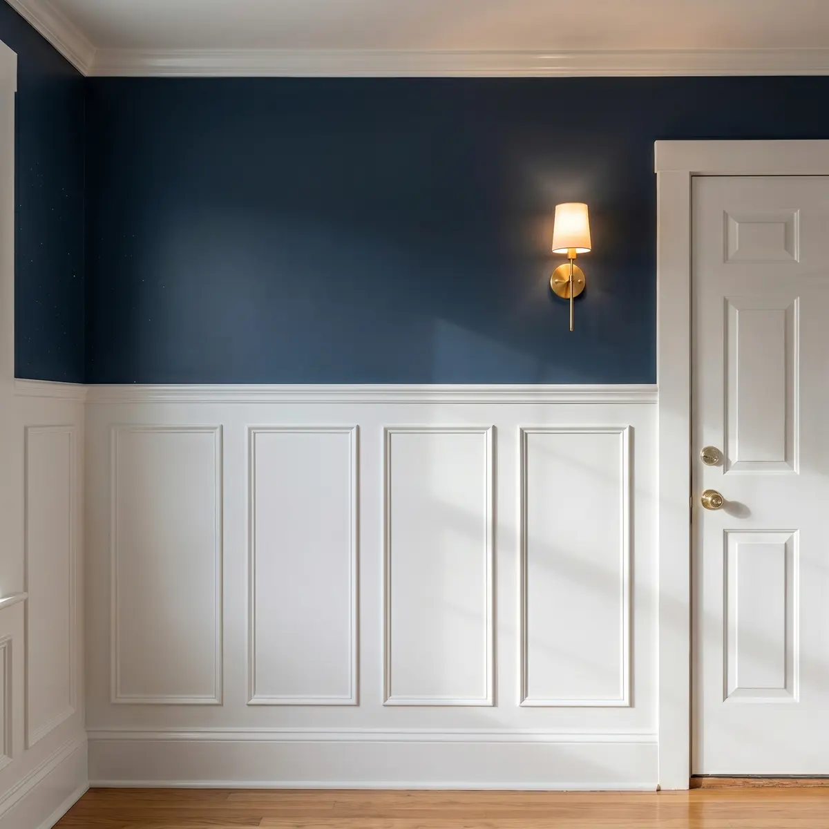 Custom raised panel wainscoting chair rail navy walls Litchfield NH