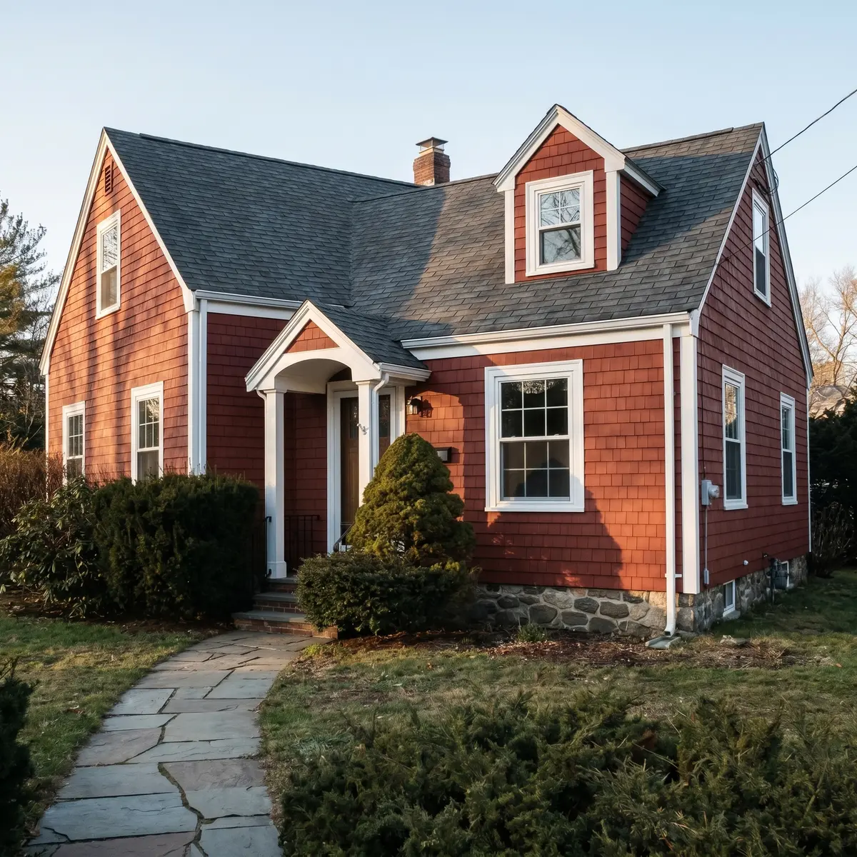 Restored red Cape Cod home crisp white trim Litchfield NH