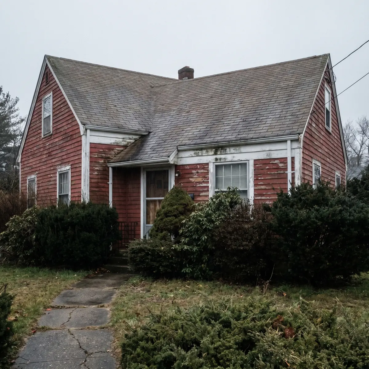 Peeling red Cape Cod home before professional repaint Litchfield NH