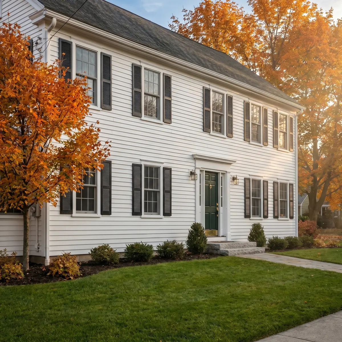 Freshly painted white colonial home fall foliage Bedford NH