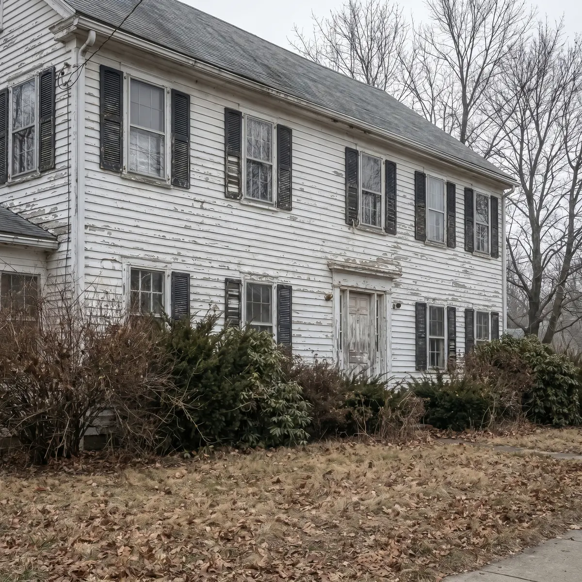 Weathered colonial home before exterior repaint Bedford NH