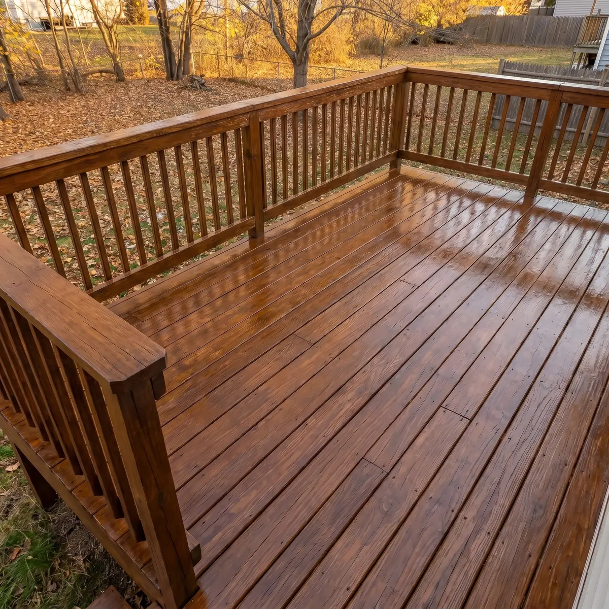 Mahogany stained deck glossy finish restored railings Bedford NH