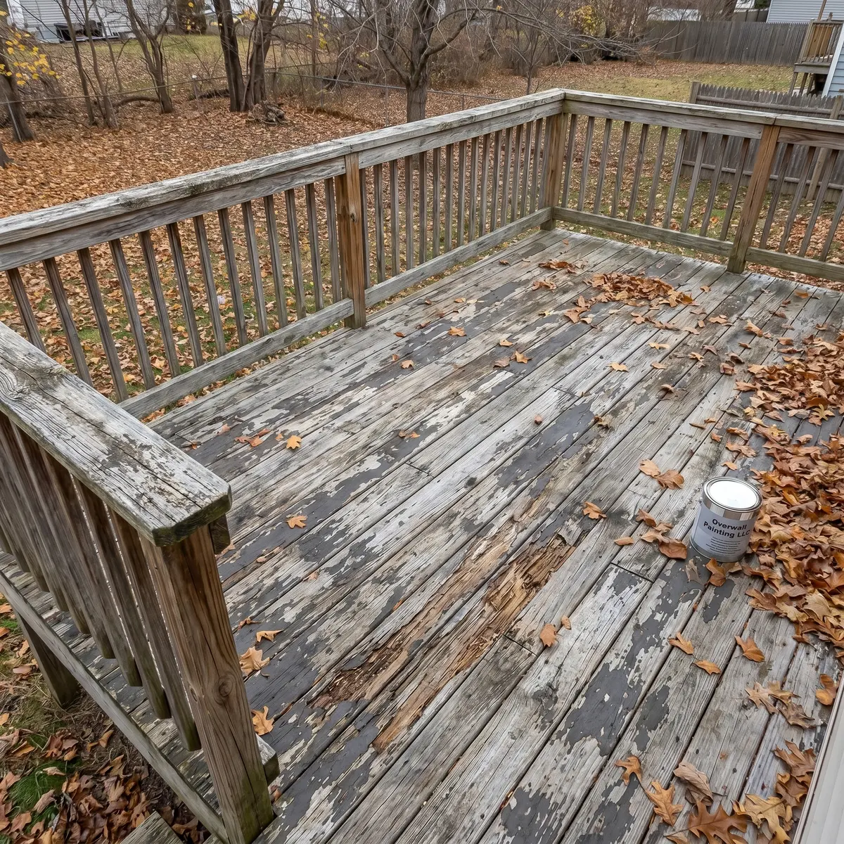 Aged weathered deck with peeling stain before restoration Bedford NH