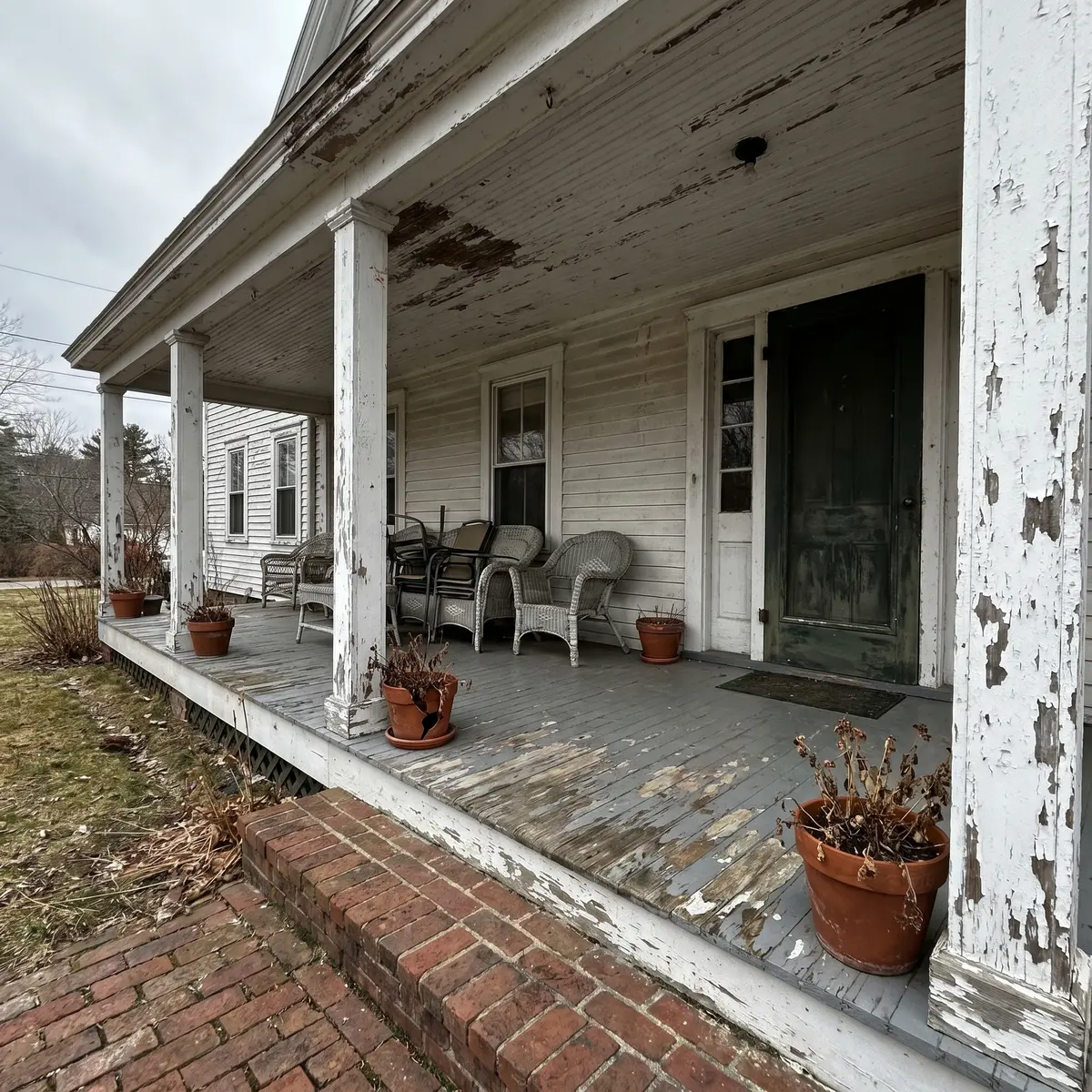 Weathered front porch before professional restoration Amherst NH