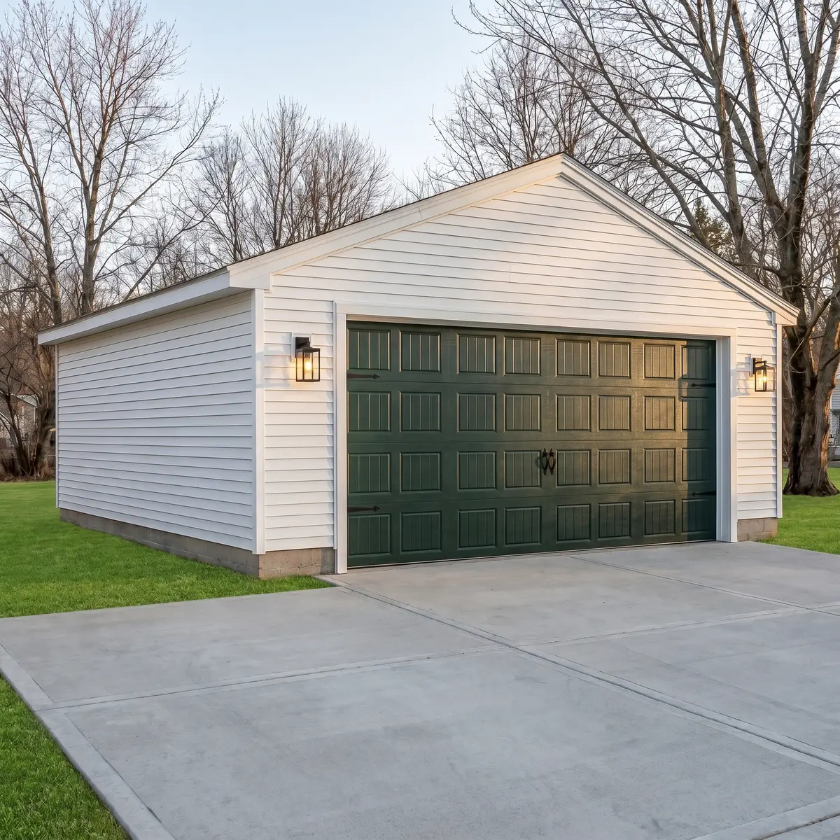Fresh black carriage style garage door white siding Nashua NH