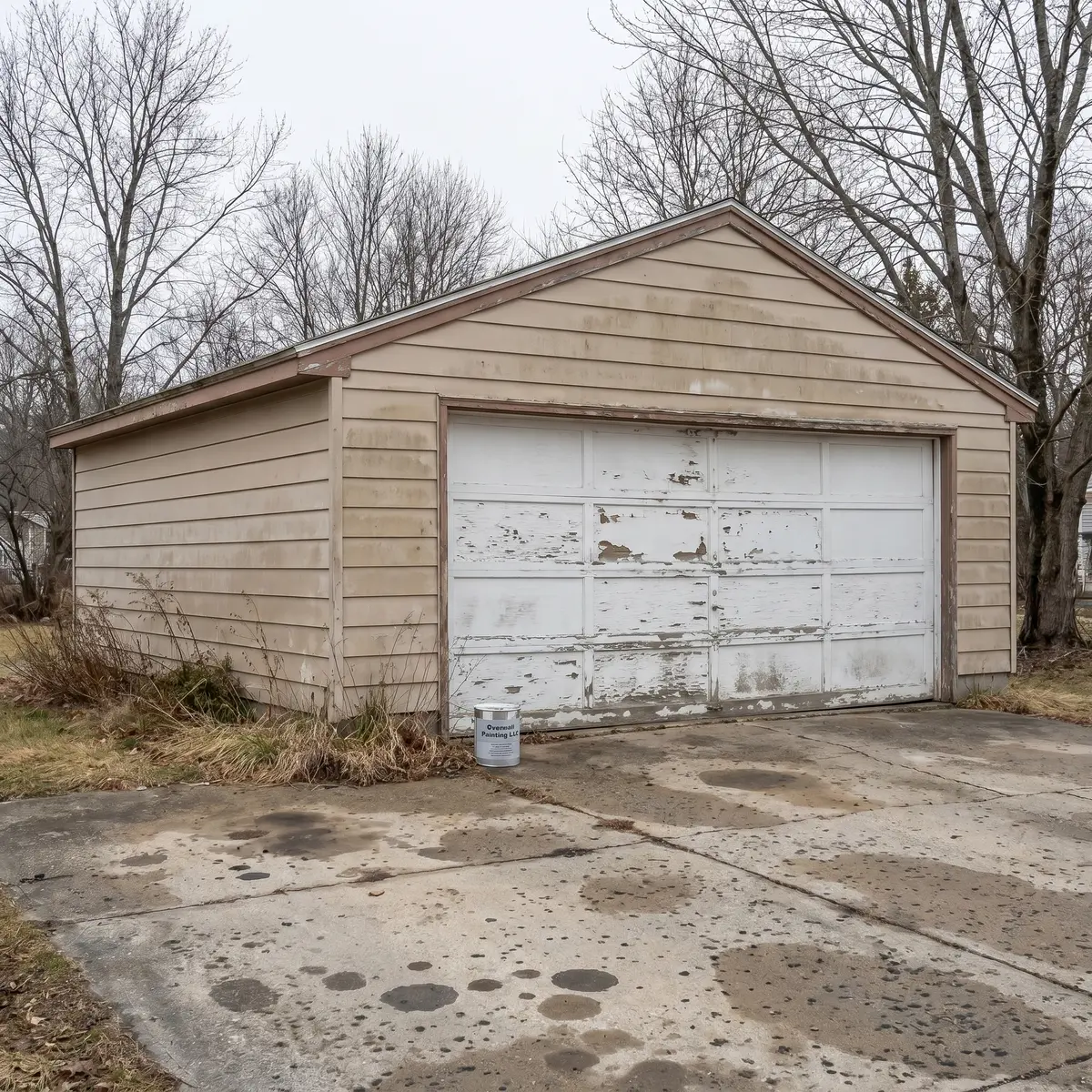 Weathered garage with peeling paint before repaint Nashua NH