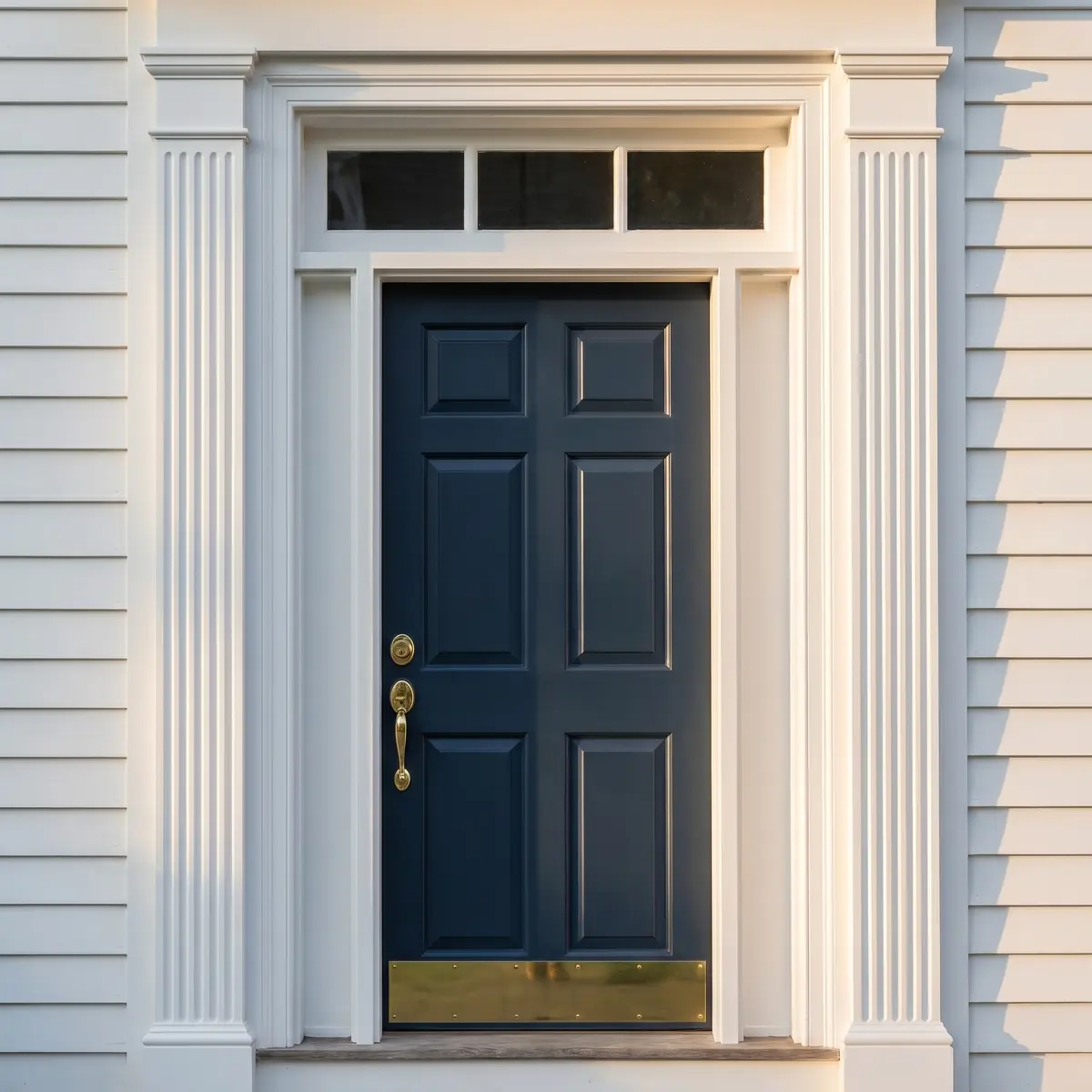 Restored navy front door brass hardware crisp white trim Manchester NH
