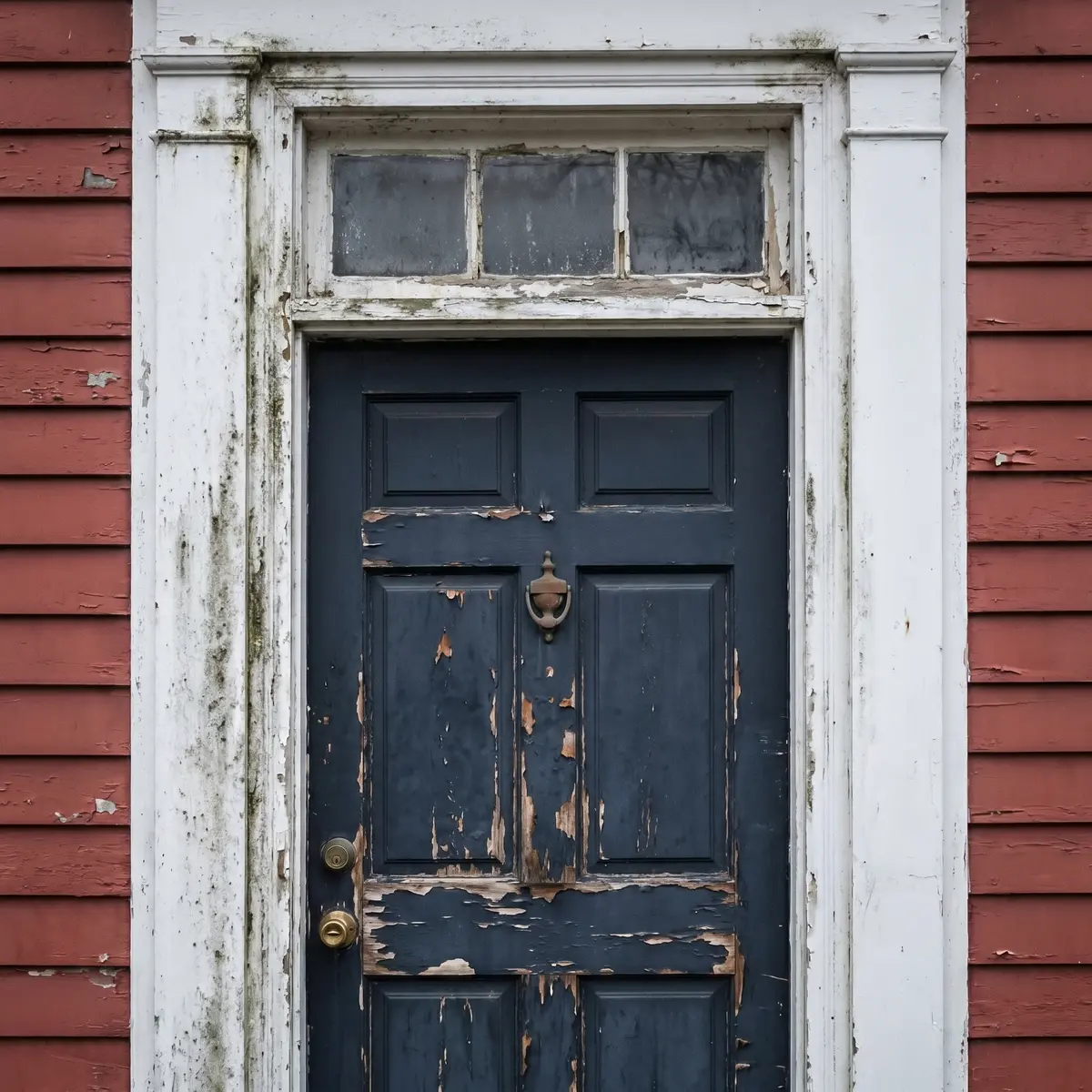 Peeling navy front door weathered trim before restoration Manchester NH