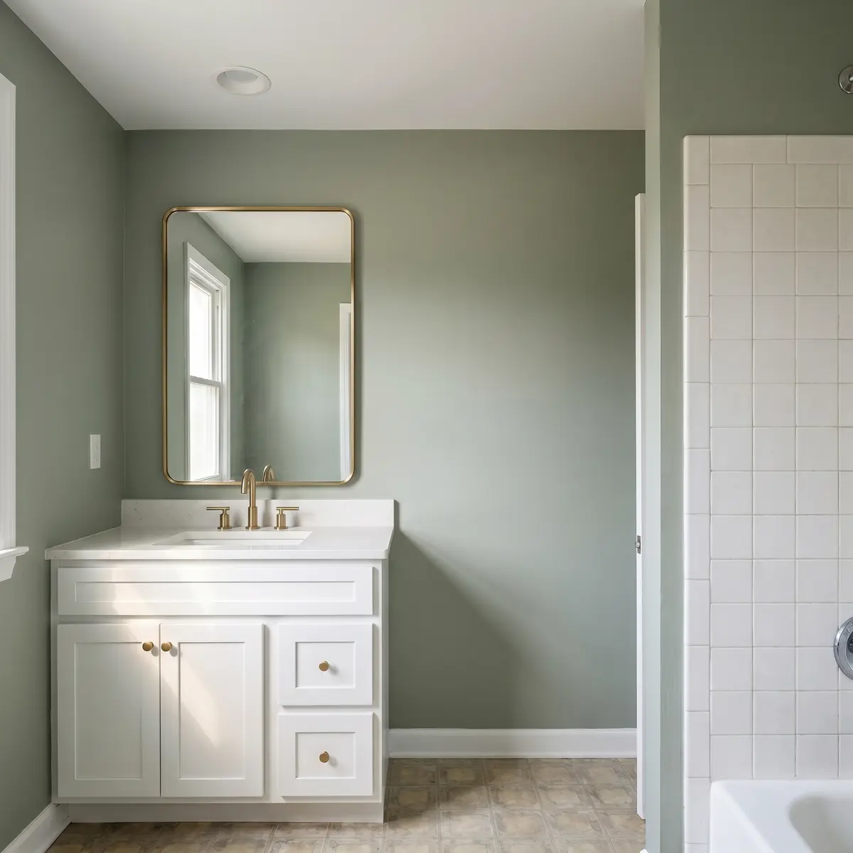 Sage green bathroom brass mirror white shaker vanity after repaint Hudson NH
