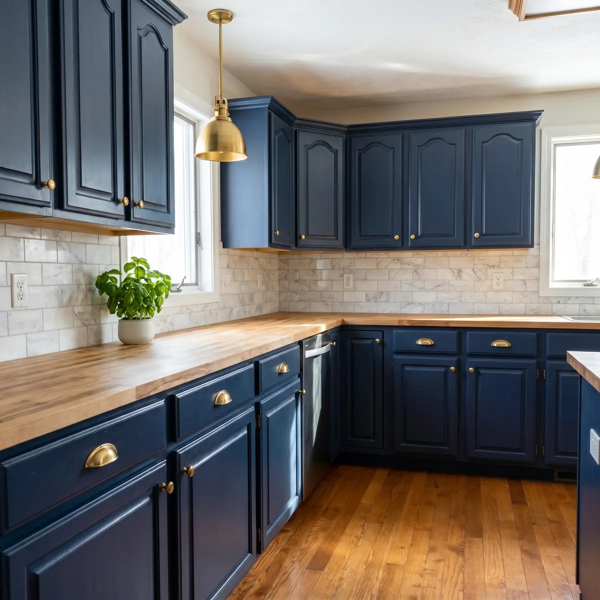 Navy painted kitchen cabinets brass cup pulls after refinishing Bedford NH