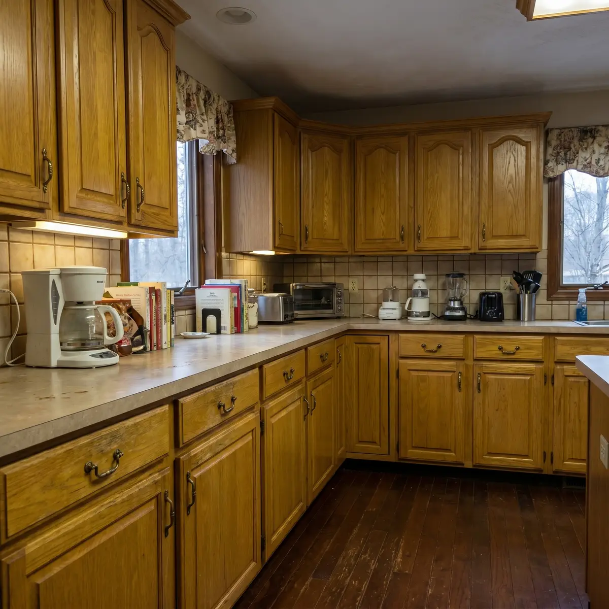 Honey oak kitchen cabinets before refinishing Bedford NH