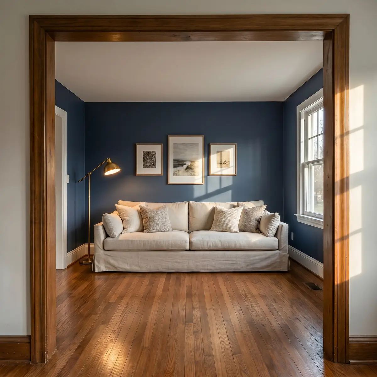 Modern living room navy walls after professional interior painting Nashua NH