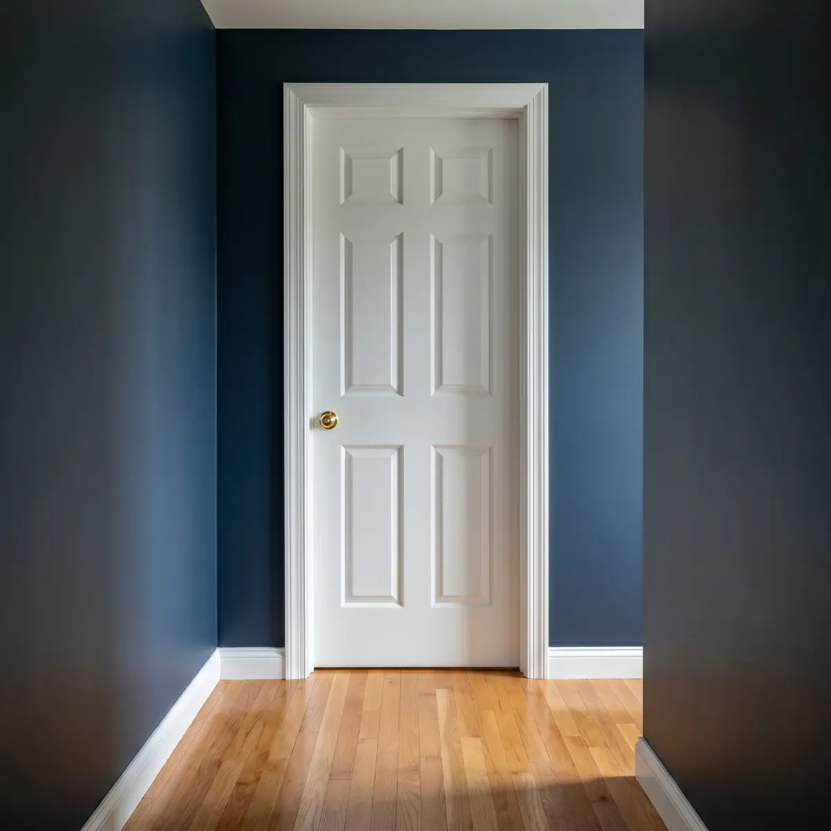 Restored white 6-panel door Hale Navy walls brass hardware Nashua NH