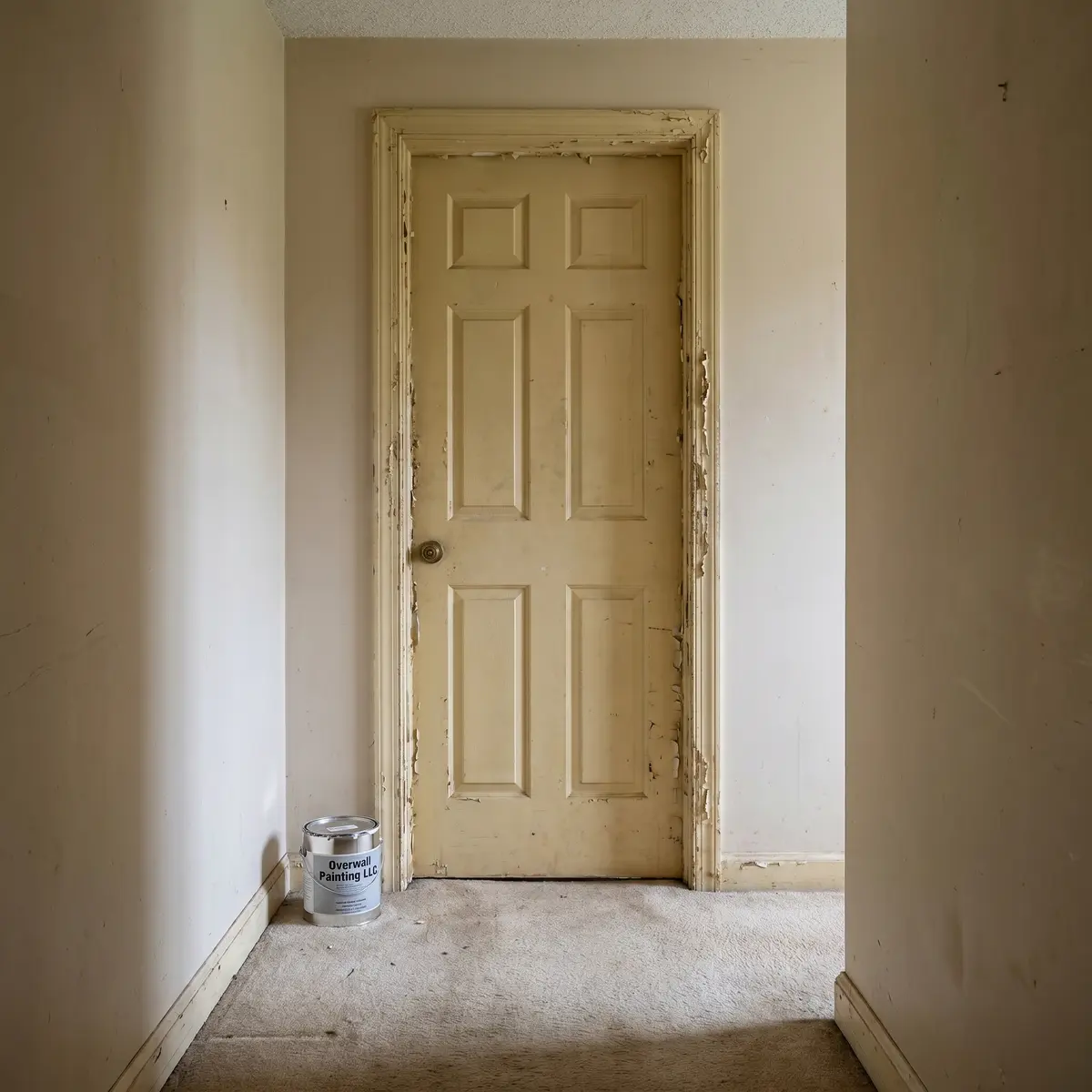 Aged interior door and yellowed trim before restoration Nashua NH