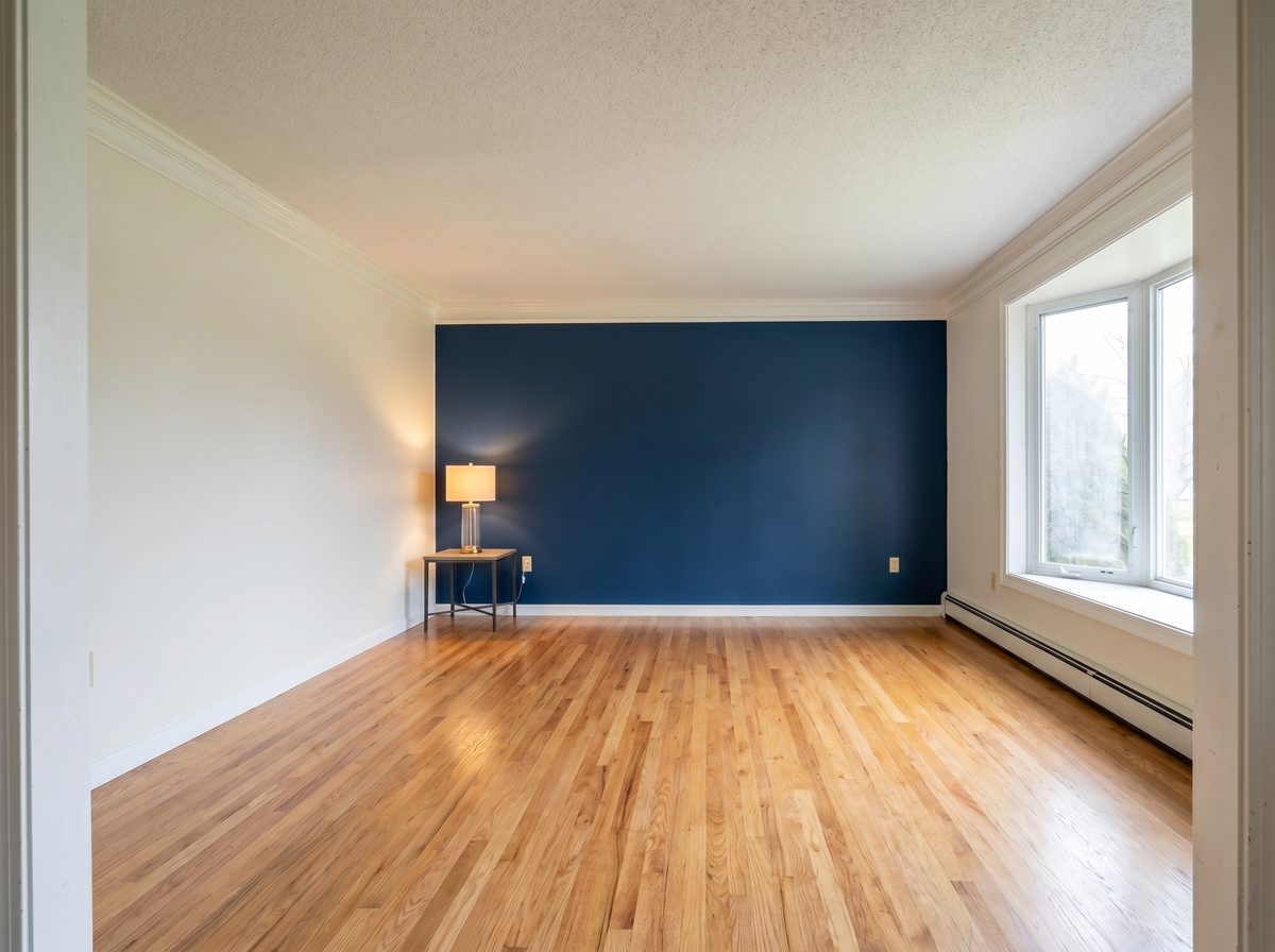 Modern living room with navy accent wall and refinished hardwood floor — after Overwall Painting transformation