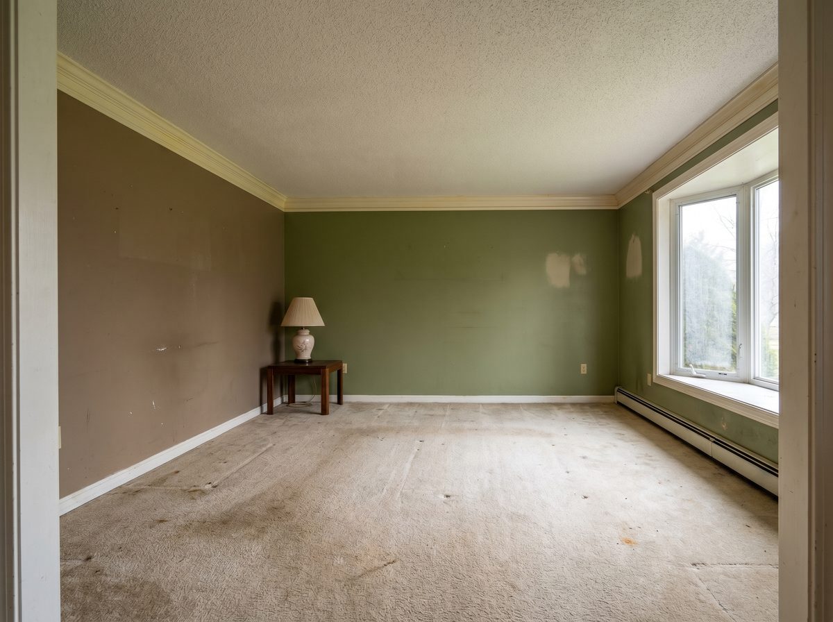 Dated living room with worn carpet and brown walls — before professional repaint