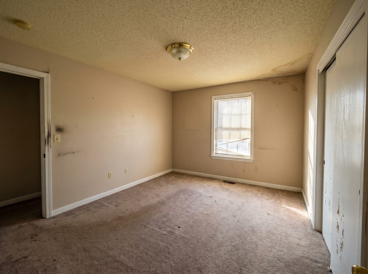 Aged guest bedroom with worn beige walls and water-stained ceiling — before professional repaint